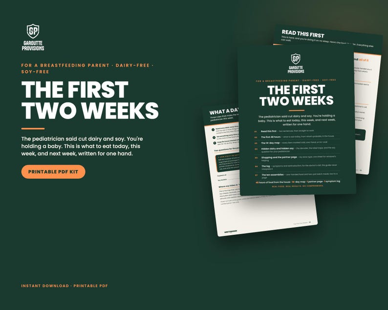 The First Two Weeks cover: dairy free soy free breastfeeding diet plan printable PDF, MSPI 14-day meal map and hidden soy list