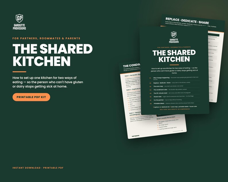 The Shared Kitchen: celiac cross contamination checklist printable PDF, gluten free shared kitchen guide with zone labels (image 2)