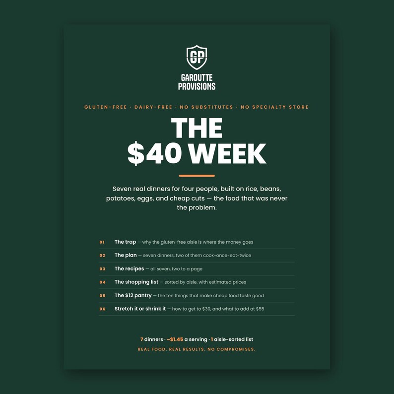 The $40 Week: gluten free meal plan on a budget printable PDF, seven dairy free dinners with a priced grocery list (image 6)