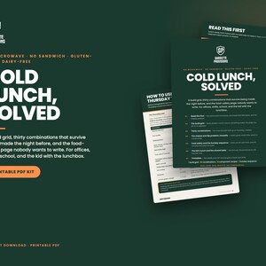 Cold Lunch, Solved cover: gluten free lunch ideas with no microwave printable PDF, dairy free cold lunch build grid