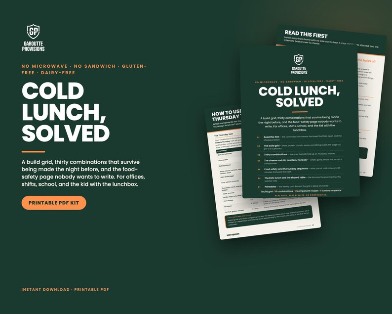 Cold Lunch, Solved cover: gluten free lunch ideas with no microwave printable PDF, dairy free cold lunch build grid