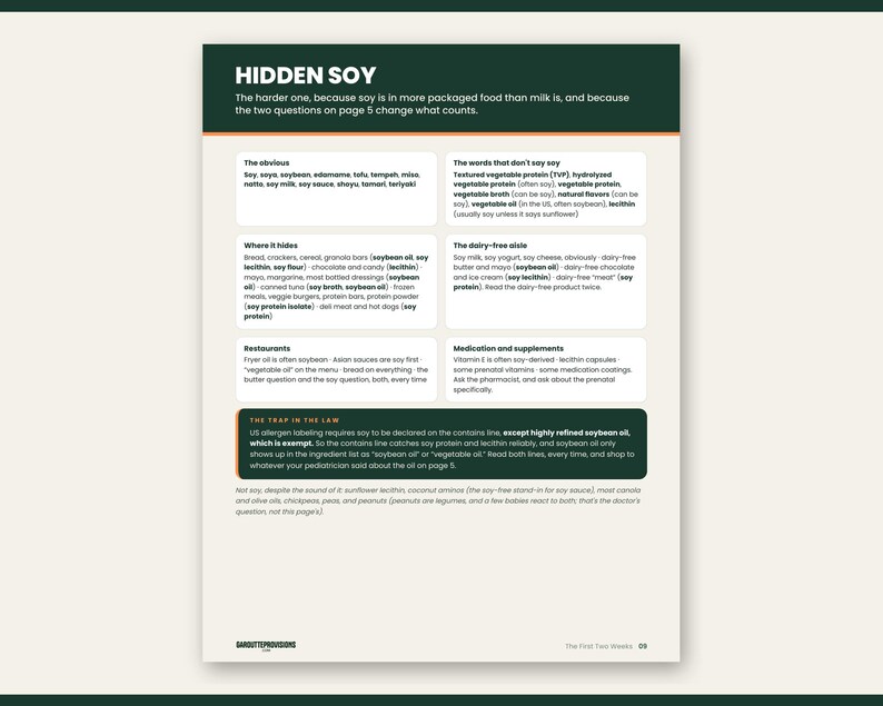 Preview of page 9 from The First Two Weeks: MSPI 14-day meal map and hidden soy list, part of this dairy free soy free breastfeeding diet plan printable