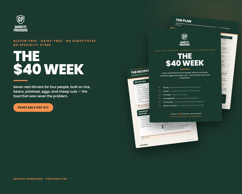 The $40 Week: gluten free meal plan on a budget printable PDF, seven dairy free dinners with a priced grocery list (image 2)