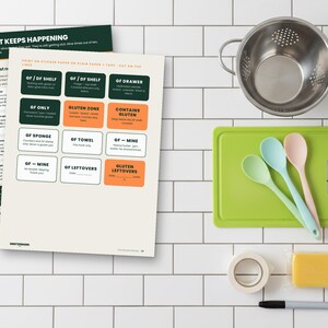 May include: A set of printable kitchen organization labels with text including GF/DF SHELF, GLUTEN ZONE, and CONTAINS GLUTEN, alongside a metal colander, a lime green cutting board, three silicone spoons, a roll of tape, a yellow sponge, and a marker.
