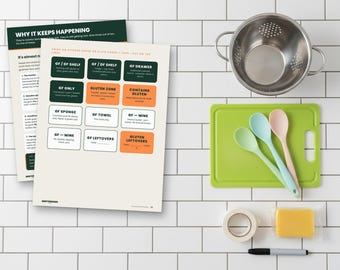 May include: A set of printable kitchen organization labels with text including GF/DF SHELF, GLUTEN ZONE, and CONTAINS GLUTEN, alongside a metal colander, a lime green cutting board, three silicone spoons, a roll of tape, a yellow sponge, and a marker.