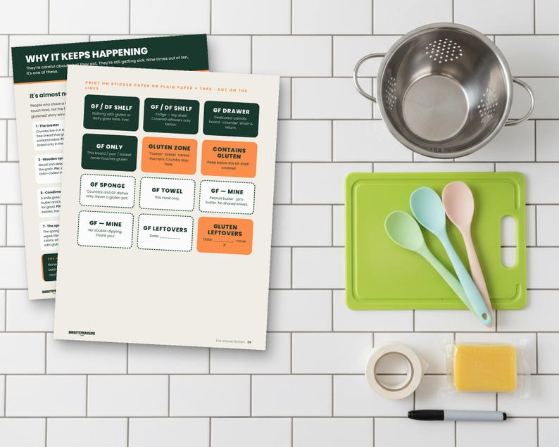 The Shared Kitchen: celiac cross contamination checklist printable PDF, gluten free shared kitchen guide with zone labels (image 1)