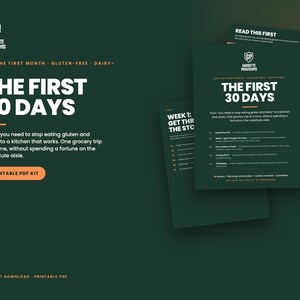 The First 30 Days cover: celiac disease guide for the newly diagnosed printable PDF, gluten free dairy free grocery list and pantry sweep