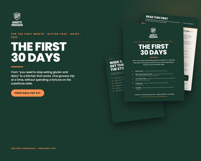 The First 30 Days cover: celiac disease guide for the newly diagnosed printable PDF, gluten free dairy free grocery list and pantry sweep