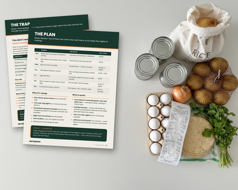 The $40 Week: gluten free meal plan on a budget printable PDF, seven dairy free dinners with a priced grocery list (image 1)