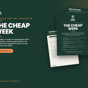 The Cheap Week cover: gluten free grocery list and budget meal plan printable PDF, 21 dairy free meals on a costed list