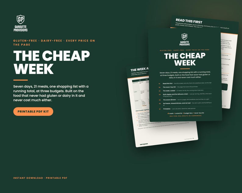The Cheap Week cover: gluten free grocery list and budget meal plan printable PDF, 21 dairy free meals on a costed list