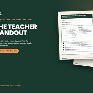 May include: A digital printable PDF teacher handout with a dark green background and white text. The document features a form titled My Student is Gluten-Free and Dairy-Free, including sections for parent contact, food to avoid, and safe snack options.