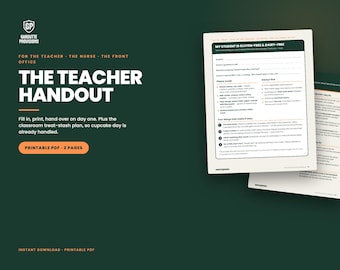 May include: A digital printable PDF teacher handout with a dark green background and white text. The document features a form titled My Student is Gluten-Free and Dairy-Free, including sections for parent contact, food to avoid, and safe snack options.