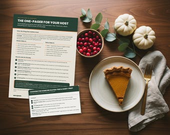 May include: A printed informational guide titled THE ONE-PAGER FOR YOUR HOST and a smaller matching card, accompanied by a slice of pumpkin pie on a plate, a bowl of fresh cranberries, two small white pumpkins, and a gold fork on a napkin.