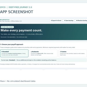 Debt Payoff Tracker App, Debt Snowball & Avalanche Planner, Offline HTML Budget Tool, Excel Export