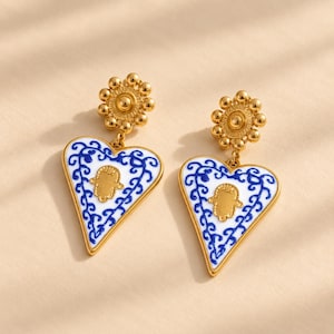 Blue White Hamsa Heart Earrings, Gold Enamel Drop Earrings, Statement Dangle Earrings, Stainless Steel Jewelry, Gift for Her
