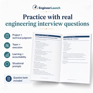 May include: An open book titled Core Engineering Interview Question Bank with sections on project, team, learning, and situational prompts. The page includes text about engineering interview questions and a logo for EngineerLaunch at the top.