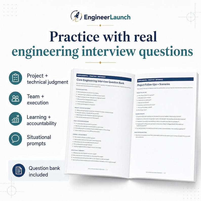 May include: An open book titled Core Engineering Interview Question Bank with sections on project, team, learning, and situational prompts. The page includes text about engineering interview questions and a logo for EngineerLaunch at the top.