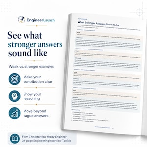 May include: An open book page titled What Stronger Answers Sound Like, featuring a comparison of weak and strong interview responses. The left side displays the EngineerLaunch logo and bullet points on clarifying contributions and reasoning.