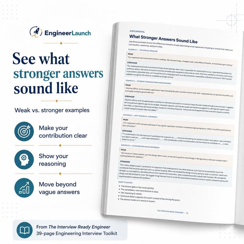 May include: An open book page titled What Stronger Answers Sound Like, featuring a comparison of weak and strong interview responses. The left side displays the EngineerLaunch logo and bullet points on clarifying contributions and reasoning.