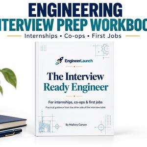 May include: A white workbook titled The Interview Ready Engineer by Mallory Carson, featuring a rocket logo and technical line drawings. The cover text includes For internships, co-ops & first jobs and Practical guidance from the other side.