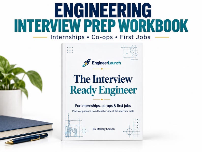 May include: A white workbook titled The Interview Ready Engineer by Mallory Carson, featuring a rocket logo and technical line drawings. The cover text includes For internships, co-ops & first jobs and Practical guidance from the other side.
