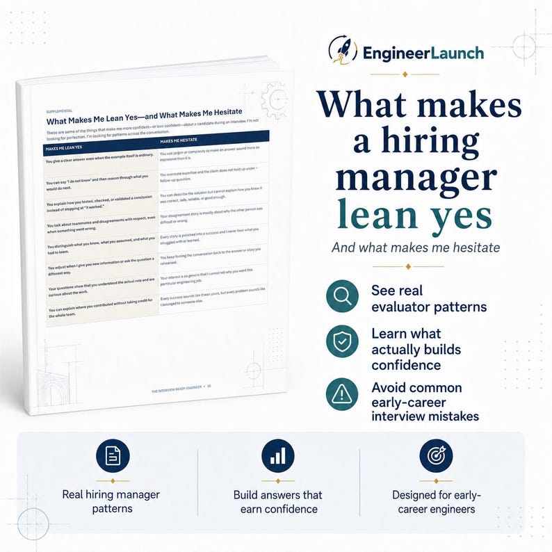 May include: A white book titled EngineerLaunch with a page showing a table titled What Makes Me Lean Yes&mdash;and What Makes Me Hesitate. The cover features the text What makes a hiring manager lean yes, along with icons for patterns, confidence, and mistakes.