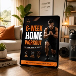 May include: A tablet displaying a 6-week home workout programme with bold orange and white text on a black background. The screen shows a person in a black tank top and shorts performing a lunge, alongside icons for home friendly, 6 weeks of progress, and stronger you.