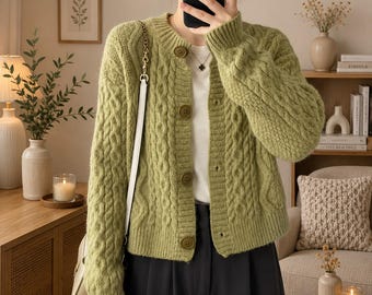 Women's Chunky Cable Knit Cardigan, Button Front Sweater, Cozy Oversized Layering Jacket