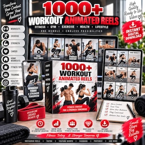 May include: A digital bundle of 1000+ workout animated reels featuring fitness content. Includes a box, a smartphone, and a tablet displaying exercise videos, a black shaker bottle, a red resistance band, and a notepad with a checklist.