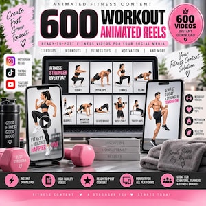 May include: A digital marketing bundle for 600 animated fitness reels featuring a laptop displaying exercise tutorials, two smartphones showing workout videos, pink dumbbells, a black shaker bottle, and a grey towel with the text Small Steps Big Results.