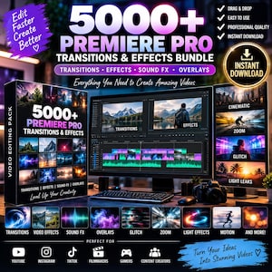 May include: A digital product bundle for Premiere Pro featuring 5000+ transitions, effects, sound FX, and overlays. The display shows video editing software with mountain landscapes, cinematic scenes, and motion graphics on a computer monitor.