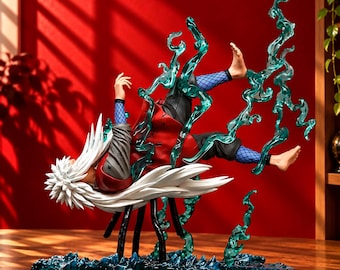 May include: A dynamic anime character figurine with long white hair, wearing a red jacket and dark pants with blue mesh undergarments. The figure is suspended in mid-air, surrounded by translucent teal energy effects rising from a dark base.