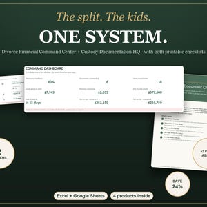 May include: A digital divorce financial command center and custody documentation system featuring a command dashboard with financial data, a document checklist, and printable sheets. The interface includes text for Excel and Google Sheets compatibility.