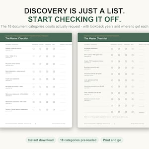 Può includere: Un documento di due pagine intitolato The Master Checklist con intestazioni verdi. Il testo recita: DISCOVERY IS JUST A LIST. START CHECKING IT OFF. Le 18 categorie di documenti effettivamente richieste dai tribunali, con anni di riferimento e dove reperirli. Include caselle di controllo per tracciare documenti come dichiarazioni dei redditi, estratti conto bancari e polizze assicurative.