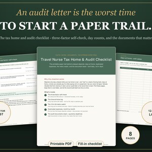 May include: A Travel Nurse Tax Home and Audit Checklist printable PDF with eight pages. The document includes a three-factor self-check, a 12-month log, and a tax home audit checklist. The text reads: An audit letter is the worst time to start a paper trail.