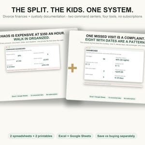 Puede incluir: Un sistema organizativo digital para finanzas de divorcio y documentación de custodia. La imagen muestra dos paneles de control con texto que incluye 'THE SPLIT. THE KIDS. ONE SYSTEM.' y 'CHAOS IS EXPENSIVE AT $350 AN HOUR. WALK IN ORGANIZED.'