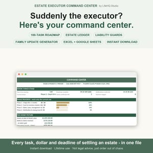 Commandocentrum voor executeurs testamentair — Checklist voor de afwikkeling van nalatenschappen en spreadsheet voor de verdeling van de nalatenschap, planner voor het levenseinde (Excel + Google Sheets)