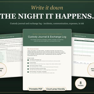 May include: A printable custody journal and exchange log featuring eight pages of document templates. The pages include a weekly exchange log, incident notes, and communication trackers with dark green headers and white backgrounds with black text.