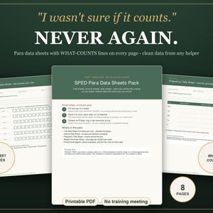 Könnte beinhalten: Ein digitaler Download des SPED Para Data Sheets Pack mit drei Seiten druckbarer Formulare. Der Text enthält "I wasn't sure if it counts. NEVER AGAIN." und "Para data sheets with WHAT-COUNTS lines on every page - clean data from any helper."
