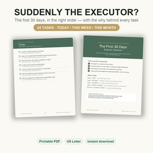 Executor Checklist — The First 30 Days When Someone Dies, Printable Estate To Do List with Receipt Journal + 72 Hour One Pager (PDF)