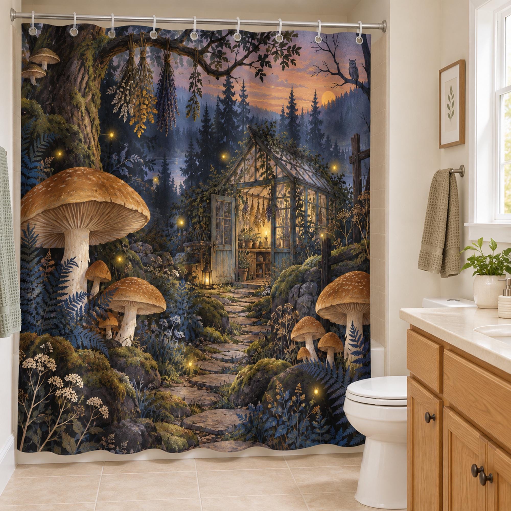 Enchanted Mushroom Shower Curtain: Glowing Greenhouse, Owl, Ferns and Firefly Forest