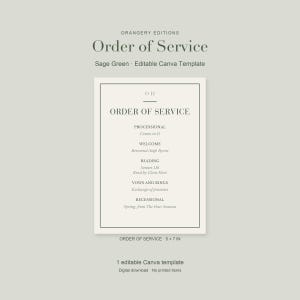 Op de afbeelding: Een bewerkbaar sjabloon voor een liturgie in saliegroen met een lay-out van 5 x 7 inch. De tekst bevat Orangery Editions, Order of Service, Processional, Canon in D, Welcome, Reverend Aoife Byrne, Reading, Sonnet 116, Vows and Rings en Recessional.