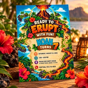 May include: A rectangular party invitation featuring a tropical volcano theme with lava, palm trees, and hibiscus flowers. The text reads: READY TO ERUPT WITH FUN! NOAH TURNS 7, SATURDAY, AUGUST 22, 2026, 3:00 - 6:00 PM, PALM COVE PARTY HOUSE, 24 SUNSET DRIVE, MIAMI, FL 33139, RSVP Mia: 555-216-4820.