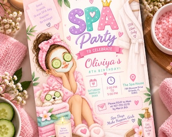 Girls Spa Party Invitation, Pamper Birthday Invite, Self Care Party, Any Age Editable