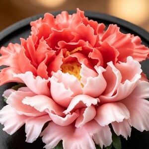 Puede incluir: Una escultura floral decorativa con pétalos superpuestos y ondulados en tonos coral, salmón y rosa pálido. El centro de la flor muestra estambres de color amarillo brillante, y toda la estructura se asienta sobre una base circular negra y lisa.