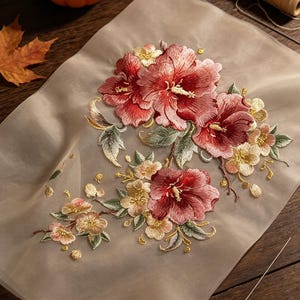 Puede incluir: Una aplicación floral bordada que presenta grandes flores rojas y rosas de estilo hibisco con estambres amarillos detallados, rodeadas de flores más pequeñas de color amarillo pálido y hojas verdes, cosidas sobre una tela beige claro.
