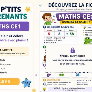 Peut inclure: Une fiche pédagogique de mathématiques intitulée LES P'TITS APPRENANTS MATHS CE1. La page présente des illustrations colorées d'une calculatrice, d'un crocodile et d'un chat, accompagnées d'exercices numériques, de tableaux de numération et de problèmes.