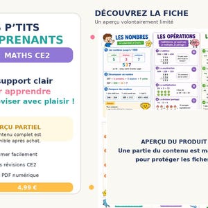 Peut inclure: Une fiche pédagogique numérique de mathématiques pour le niveau CE2 intitulée LES P'TITS APPRENANTS MATHS CE2. Le document présente des sections sur les nombres, les opérations et les mesures avec des graphiques, du texte et des exemples.