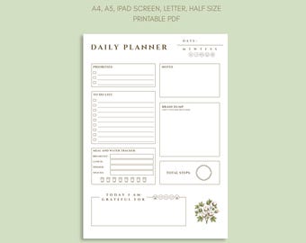 Op de afbeelding: Een witte dagplanner-pagina met donkere tekst met secties voor prioriteiten, takenlijst, notities, brain dump, maaltijd- en watertracker, stappen en dankbaarheid. De koptekst luidt ADHD DAILY PLANNER, A4, A5, IPAD SCREEN, LETTER, HALF SIZE.